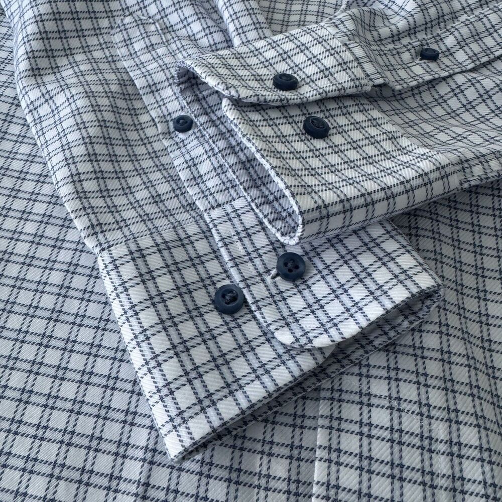 David Donahue Trim Fit‎ Dress Shirt Mens 14.5 32/33 White Blue Plaid Check Slim - Picture 6 of 14